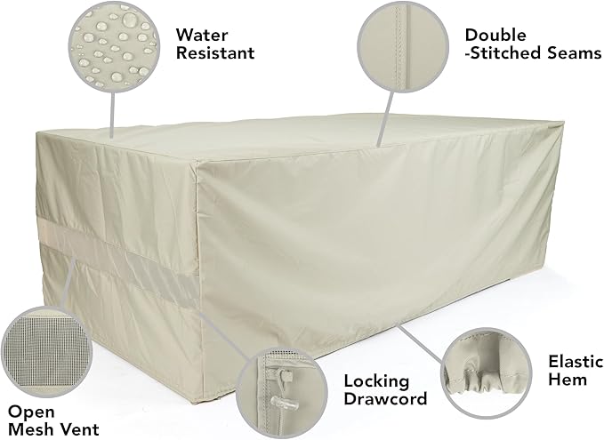 Covermates Rectangular Dining Table Cover - Water-Resistant Polyester, Mesh Ventilation, Patio Table Covers, Full Table 86W x 42D x 25H, Khaki