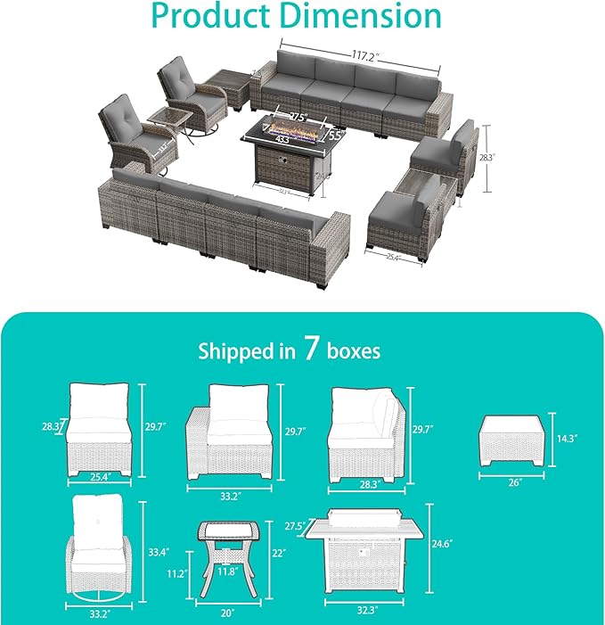 16-Piece Outdoor Patio Furniture Set with Rocking Swivel Chair, PE Wicker Rattan Sectional Sofa Patio Conversation Set with 55,000 BTU Fire Pit Table & Coffee Table, Grey