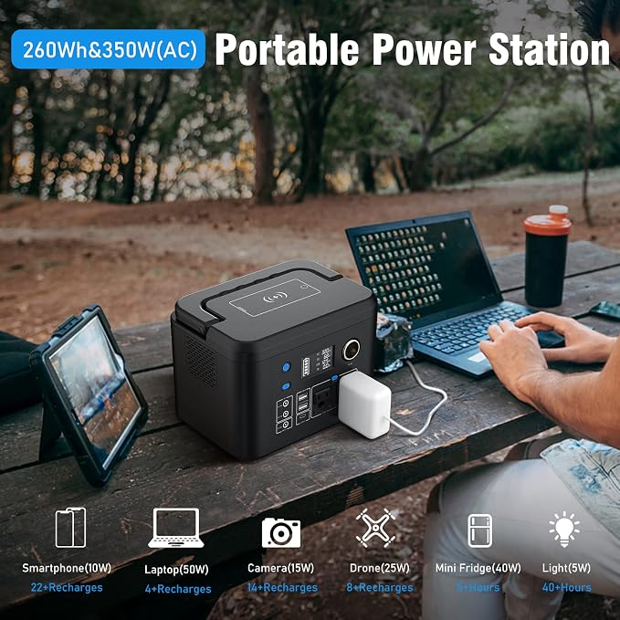 350W Solar Generator, Powkey 60W Solar Panel and 10W USB LED Light Kit, 70,000mAh Power Bank with AC Outlets, 9 Outports Power Station for Outdoors Camping Travel Hunting Emergency