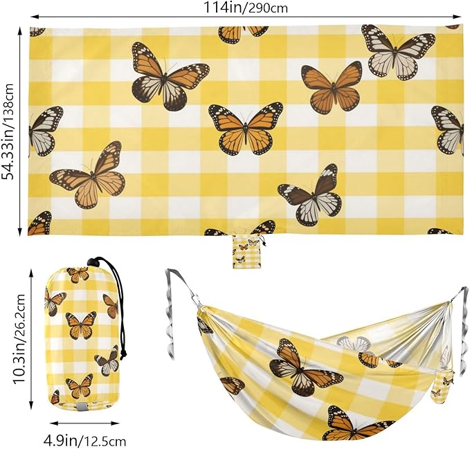 Yellow White Check Plaid Butterfly 330lb Capacity Camping Hammocks with Hanging Rope Indoor Hammock for Indoor Outdoor Patio Base de hamaca para adultos
