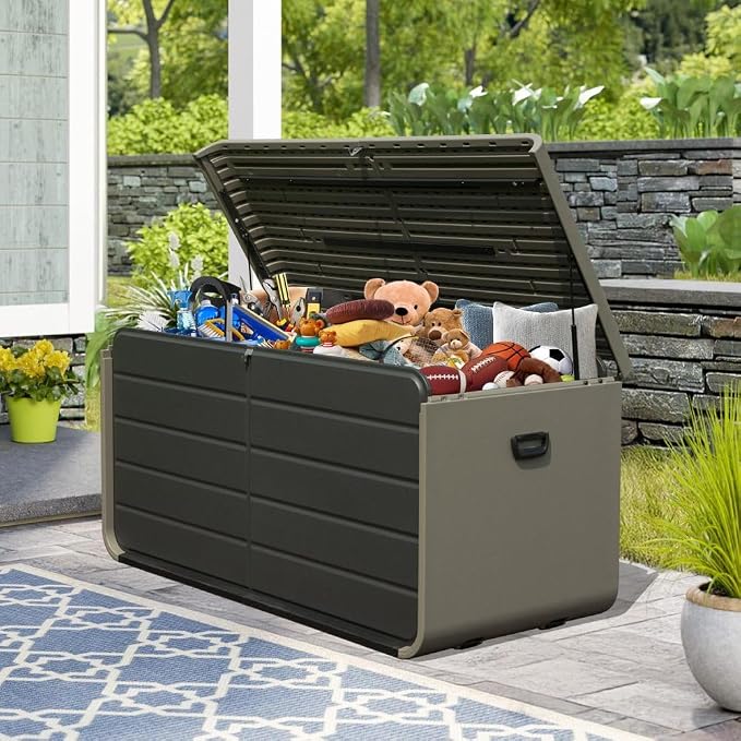 160 Gallon Waterproof Outdoor Deck Box Storage Chest in Dark Gray, Large Capacity Patio Storage for Garden Tools, Cushions, and More (200 Gallon (Gray) - Plastic)