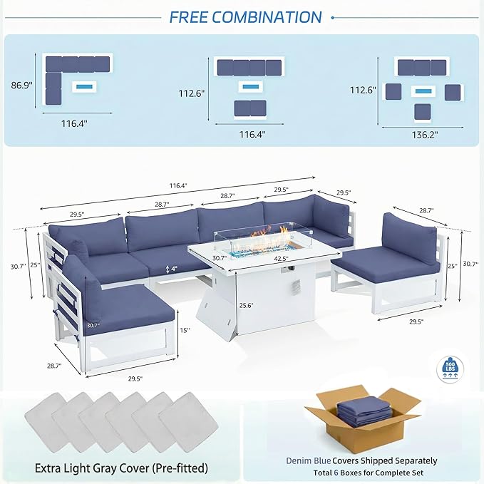 NICESOUL 7 Piece Modern Aluminum Patio Furniture Set with Fire Pit Table, 500 lbs Heavy Duty Outdoor Sectional Sofa, 29" Deep Wide Oversized Seating Conversation Couch for Garden Exterior, Denim Blue