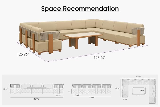 PURPLE LEAF Patio Furniture Set Modular U-Shaped Outdoor Sectional Sofa with 11" Thick Olefin Cushion 11-Piece Outdoor Conversation Set with Coffee Lights & Table for Backyard Garden Poolside, Beige