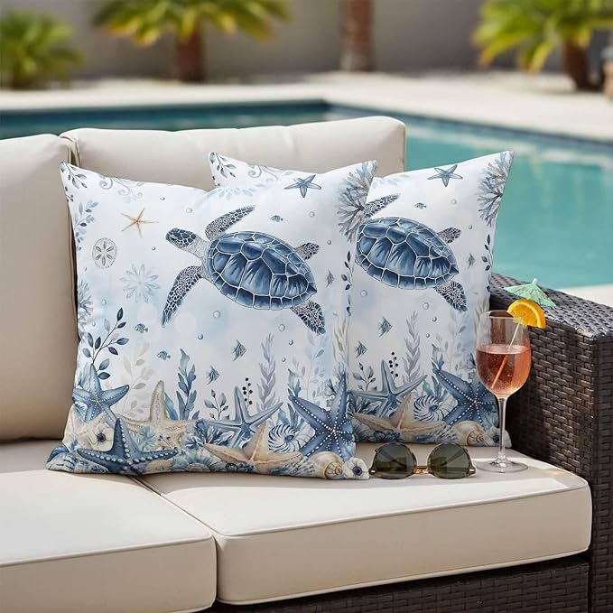 Pack of 2 Blue Turtle Coastal Outdoor Pillow Covers Decorative, Beach Starfish Waterproof Pillow Protector, Nautical Coral Botanical Throw Pillowcases Accent Cushion Cases for Patio Couch Sofa 16"x16"