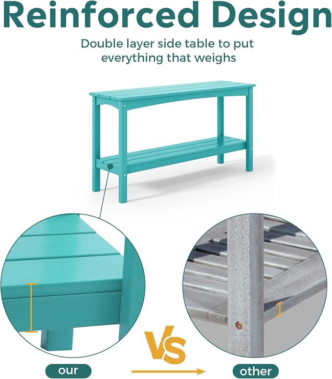 Costaelm Adirondack Outdoor Side Table, 55” HDPE Small Outside Table with Storage Shelf, Weather Resistant Plant Shelf, Outdoor Coffee Table and Buffet Table for Pool & Yard, Turquoise