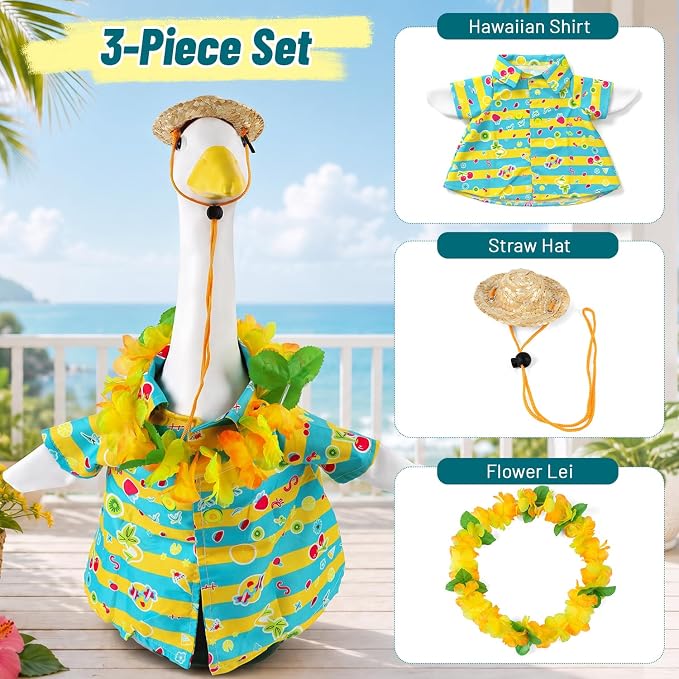 Porch Goose Outfits Summer Hawaiian Shirt Set for 23 Inch Porch Goose, Green Shirt with Straw Hat and Lei for Yard Garden Decor