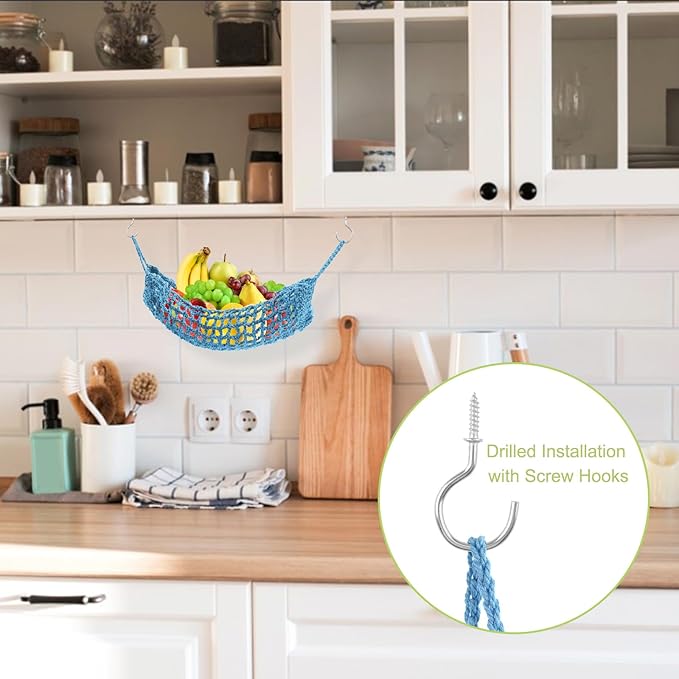Macrame Fruit Hammock 1 Pack Cotton Fruit Holder Net Under Cabinet Veggie Storage Space Saving Kitchen Decor with Hooks (Azure Blue)