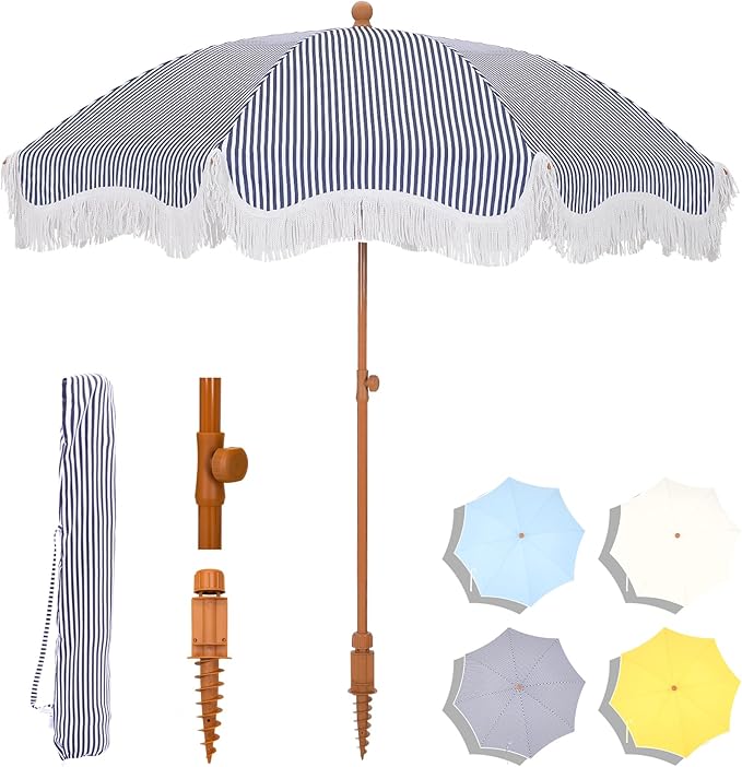MFSTUDIO 7ft Beach Umbrella with Fringe, Tassel Umbrellas UPF50+ with Tilt Button & Crank, Holiday Outdoor Umbrella with Carry Bag, Ideal for Garden Lawn Poolside, Navy Blue Stripe