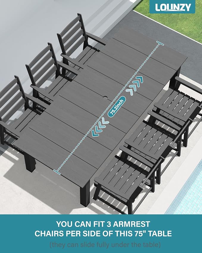 LOUNZY 9 Pieces Patio Dining Sets, Outdoor HDPE Furniture Set for 8 w/ 2" Hole Cut-Out Dining Table with 8 Patio Chairs(2 W/Armrest, 6 w/o Armrest), Gray