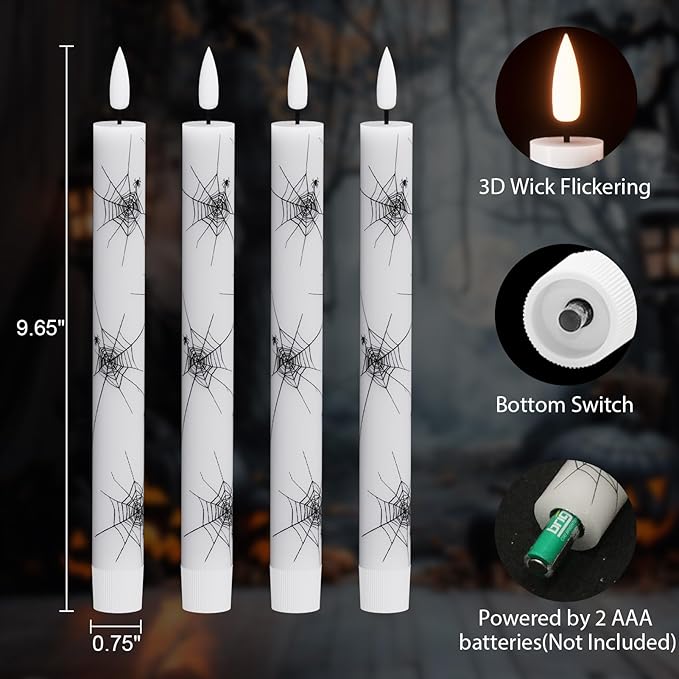 Eldnacele Halloween Flameless Taper Flickering Candles with Remote and Timer, Battery Operated Cobweb Decal Real Wax 3D Wick LED Candles White 4 Pack for Dinner Holiday Spooky Halloween Decor