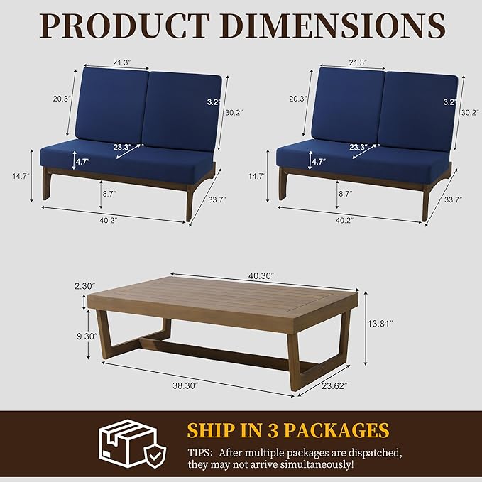 UIXE All Weather Wood Patio Furniture Sets, 3 Pieces Patio Loveseat Sofa Outdoor Sectional Futniture Backyard Conversation Set with Solid Wooden Coffee Table - Navy Blue