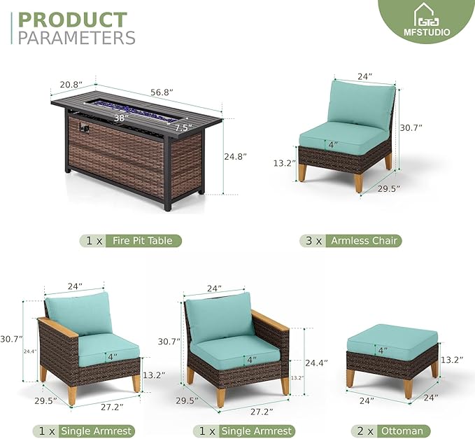 MFSTUDIO 7 Piece Wicker Patio Furniture Set with Fire Pit Table, 2 x Armless Sofa, 2 x Ottoman, 3-Seat Sofa, All-Weather Outdoor Rattan Patio Conversation Set for Garden(Aqua Blue Cushions)