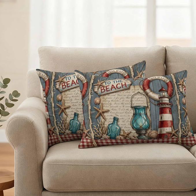 Outdoor Pillow Covers Set of 2, Vintage Nautical Lighthouse on Wooden Decorative Throw Pillow Covers 20X12IN, to The Beach Quote Throw Pillows Protector Cushion Case for Patio,Couch,Sofa,Garden