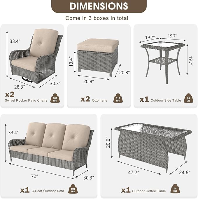 kinbor Outdoor Sectional Furniture - Outdoor Patio Conversation Sets, 7 Pieces Outdoor Sectional Sofas with Swivel Rocking Chair, Brown Wicker Rattan Patio Furniture Set, Khaki