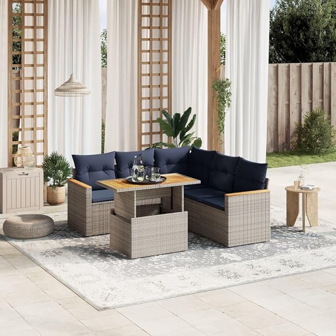 vidaXL Patio Sofa Set with Cushions 6 Piece, Outdoor Sectional Sofa Couch, Patio Conversation Set for Garden Backyard, Gray Poly Rattan
