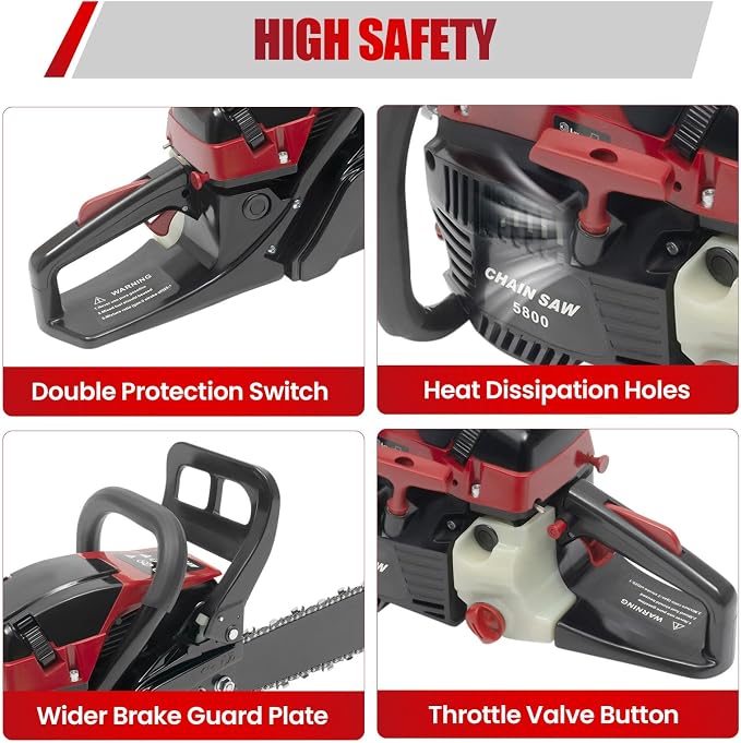 58CC 2-Cycle Gas Powered Chainsaw, 20-Inch Top Handle Chain Saw with Hand-Pull Start, Professional Wood Cutting Tools, Effectively Reduce Noise and Vibration