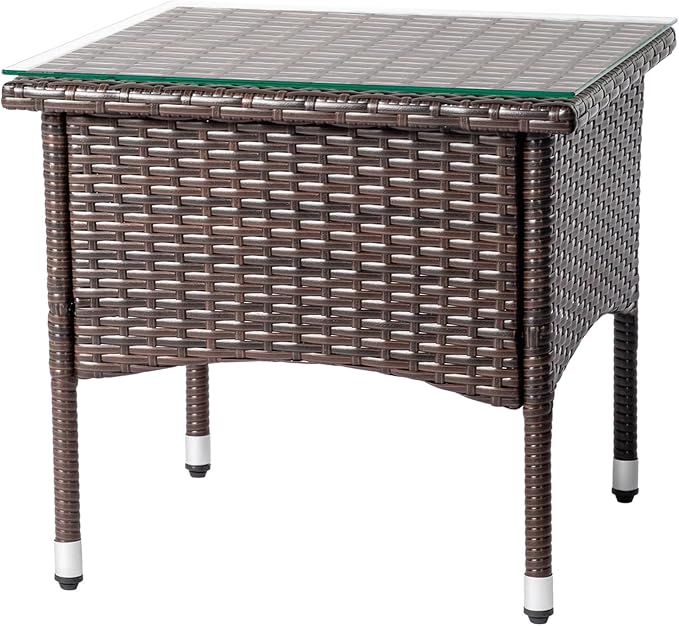 Outdoor Wicker Patio Side Tables for Outside, Tempered Glass Top Wicker Table with Storage End Table for Balcony Porch Deck