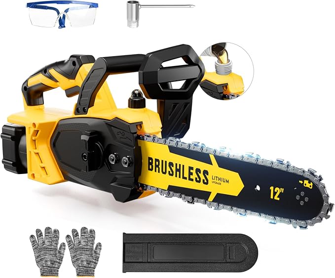 Brushless Cordless Chainsaw Electric 12 Inch Compatible with Dewalt 20V Max Battery Power, No Battery Included 45Ft/s High-Efficiency Chainsaw for Garden, No Installation Required, Yellow