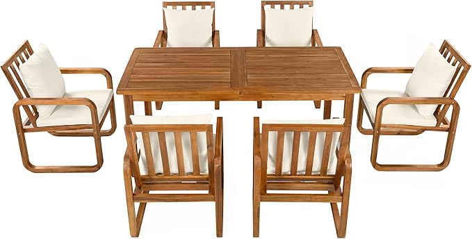 VilroCaz 7 Pieces Outdoor Patio Dining Set, 67'' Rectangle Acacia Wood Table and 6 Armchair, All-Weather Dining Set with Removable Cushions for Garden Backyard Lawn (Beige-2.13)