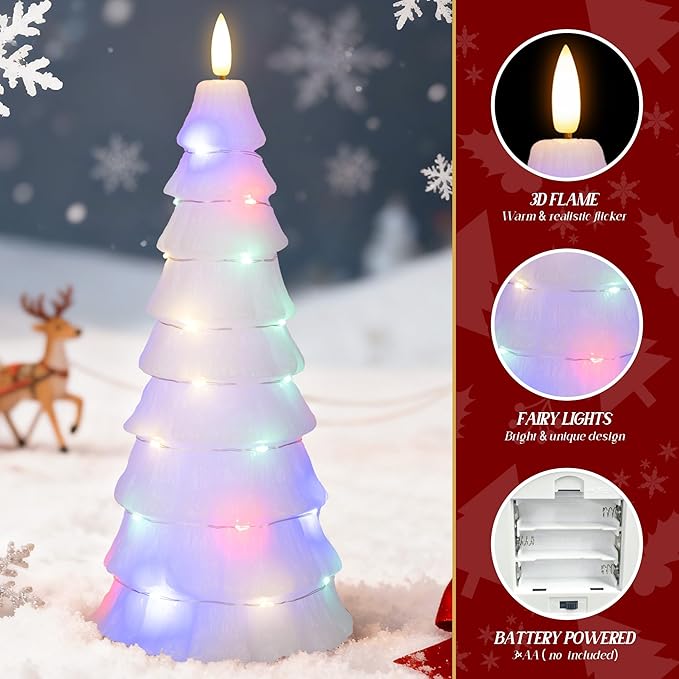 Christmas Tree Candles with Remote, Christmas Flameless Candles with Embedded Star String Fairy Lights, Real Wax Battery Operated Candles, Xmas Flameless Candles for Mantel Decor