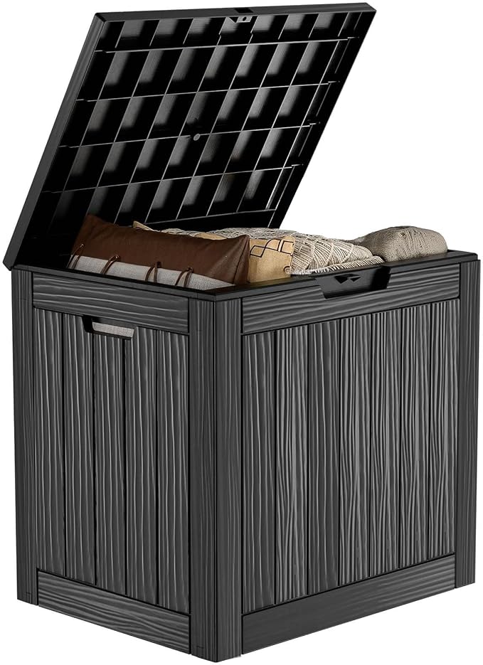 PatioZen 30 Gallon Resin Deck Box,Lockable Outdoor Storage Box for Patio Cushions Storage Furniture,Garden Tools,Pool Supplies, Weatherproof and UV Resistant (Black)