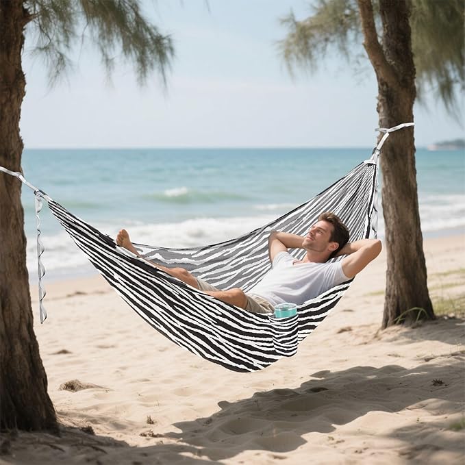 Camping Hammock Outdoor Hammocks for Outside White Zebra Beach Trees Portable Lightweight with Pockets Tree Straps Indoor