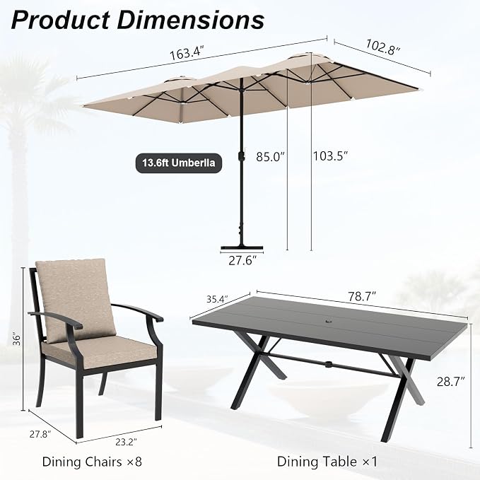 10-Piece Patio Dining Set,Metal Outdoor Furniture Set Includes 13.6FT Sand Umbrella,Hole Cut-Out 78.7" x 35.4" Table and 8 Metal Backrest Chairs for Backyard,Garden,Sand