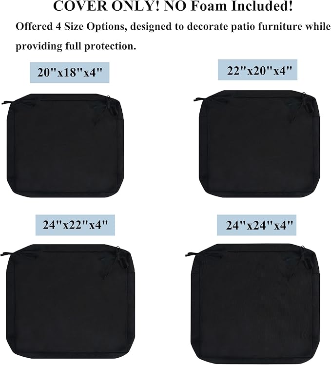 FUNHOME 2 Pack Outdoor Cushion Slipcovers 24" x 24" x 4", No Insert! Water-Resistant Patio Chair Seat Cushion Covers with Zipper and Tie, Replacement Cover Only(Black)