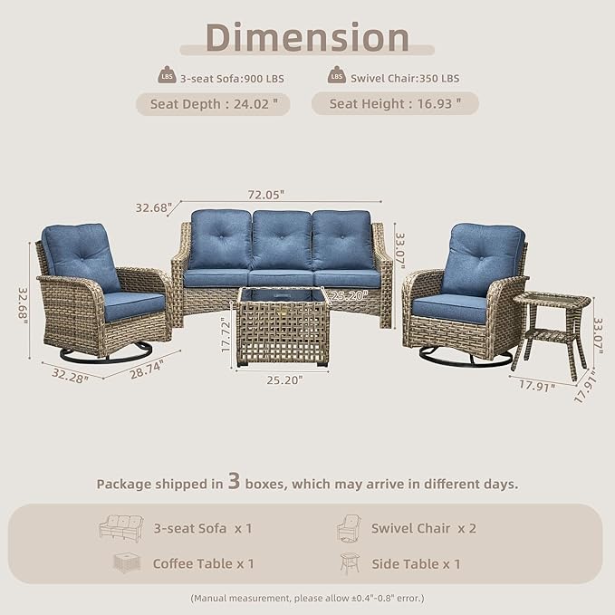 Outdoor Patio Furniture Set, 5-Piece PE Wicker Sofa with Shiny Table and Swivel Chairs, Outdoor Conversation Set for Patio, Garden, Backyard Light Blue