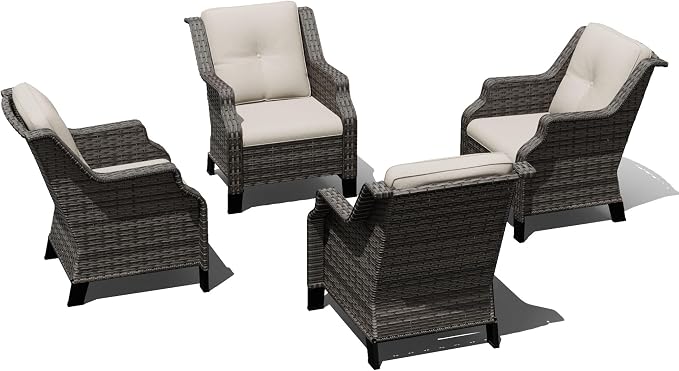 Outdoor Patio Chairs Set of 4, Wicker Patio Furniture with Thick Cushions, Curved Armrest, Deep Seating, Rattan Outdoor Chairs for Porch, Deck, Balcony