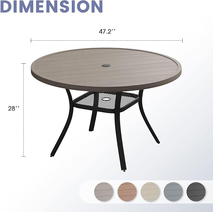 VICLLAX 47.2" Round Patio Table, Outdoor Dining Table for 6 with Umbrella Hole for Garden Lawn Deck Backyard, Antique Grey