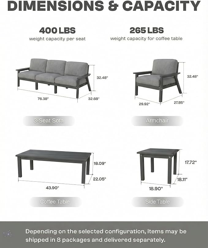 2 Piece HDPE Outdoor Furniture Set with Gray Cushions (Gray Frame) | All-Weather HDPE, Modular Design, Extra-Deep Seating, Thick Cushions, Ideal for Backyard, Deck & Porch