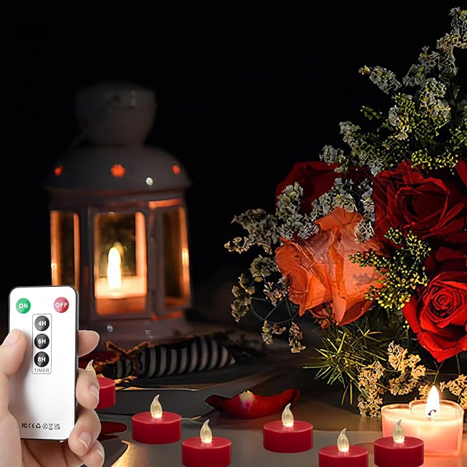 Hanzim Tea Light Candles with Remote Control,Flickering Flameless LED Candle,Long Lasting 400+Hours,Battery Operated with Timer for Home Decoration Seasonal &Festival Celebration(12pcs Red)