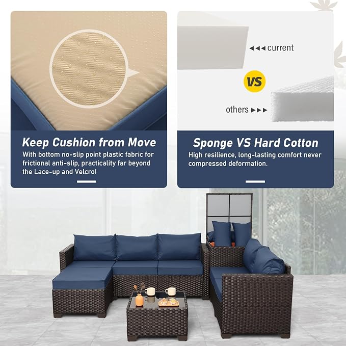 Valita Patio Furniture Set with Storage Box 5 Pieces Brown Wicker Outdoor Couch Sectional with Glass Table and Non-Slip Cushions and Furniture Covers, Navy Blue