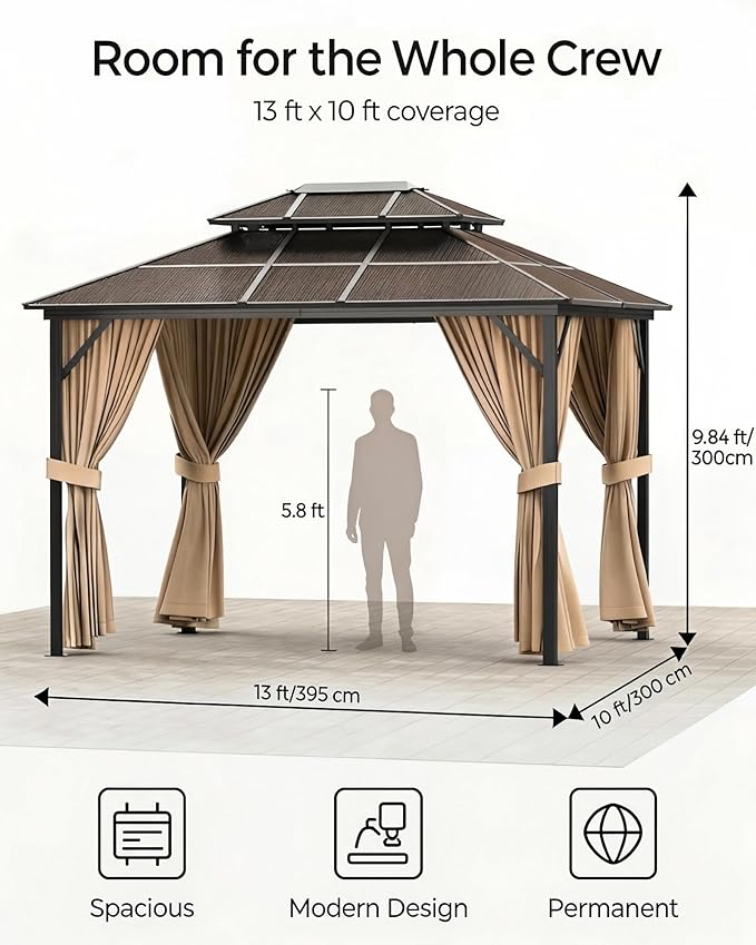 10' x 13' Hardtop Gazebo with Polycarbonate Double Roof, Aluminum Frame Permanent Pavilion with Curtains and Netting, Outdoor Gazebo for Patio Backyard (Khaki)