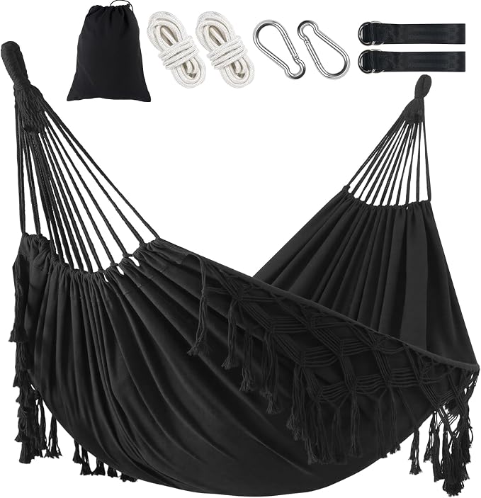 Brazilian Style Double Hammock with Fringe, 2 Person Patio Hammock for Backyard & Indoor Relaxation, Soft Breathable Fabric, Easy Setup with Straps & Carry Bag, 360 lbs Capacity
