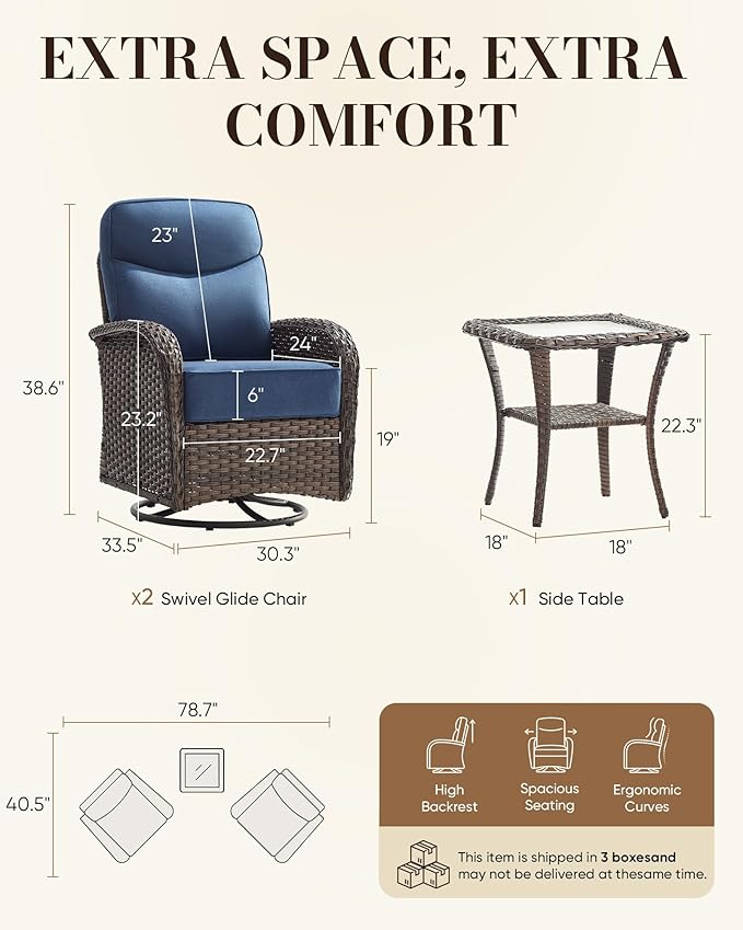 Belord Upgraded 6“ Cushion Luxury 3 Pieces Patio Furniture Set - All Weather Wicker Outdoor Swivel Rocker Patio Chairs of 2 with Side Table, High Back Glider Chairs Set for Deck Porch - Brown/Blue