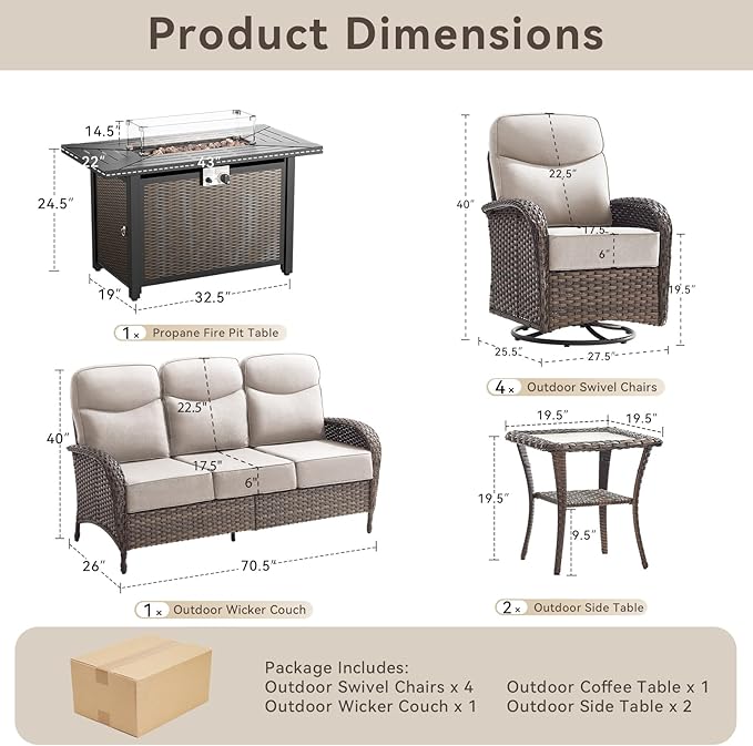 8 Pieces Luxury Patio Furniture Set with 42.5" Fire Pit Table, 6-Inch Thick Cushions Wicker Outdoor Furniture with Outdoor Rocking Chairs Set of 4, Outdoor Patio Conversation Set for Garden, Beige