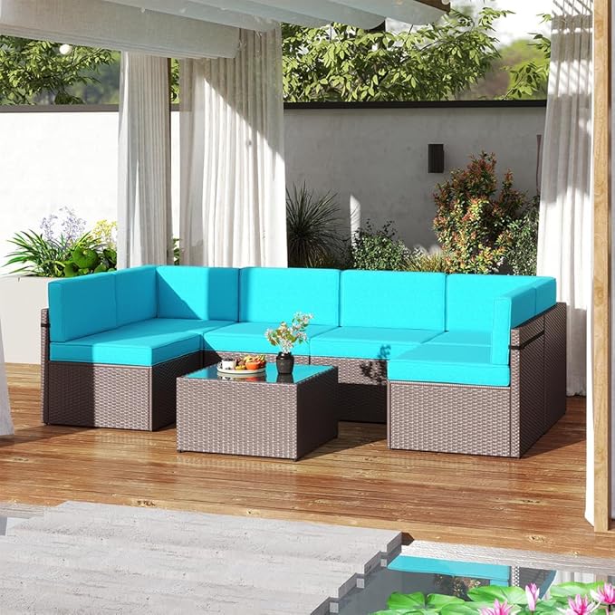 FIZZEEY 7 PCs Outdoor Patio Furniture PE Wicker Rattan Sectional Conversation Sofa Set, Turquoise