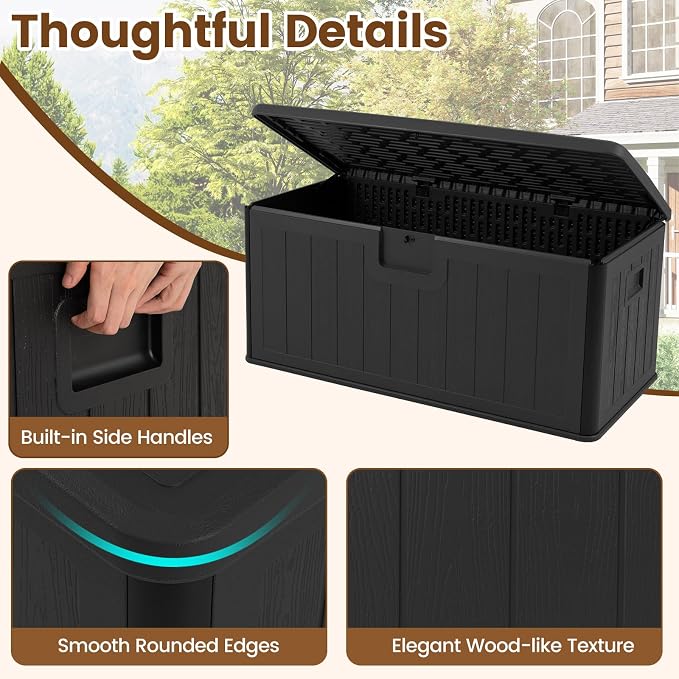Giantex 100 Gallon Deck Box, Waterproof Resin Box with Lockable Lid, 440Lbs Outdoor HDPE Storage Container Bench for Patio Furniture Cushions, Pool Tools & Garden Accessories (Black)