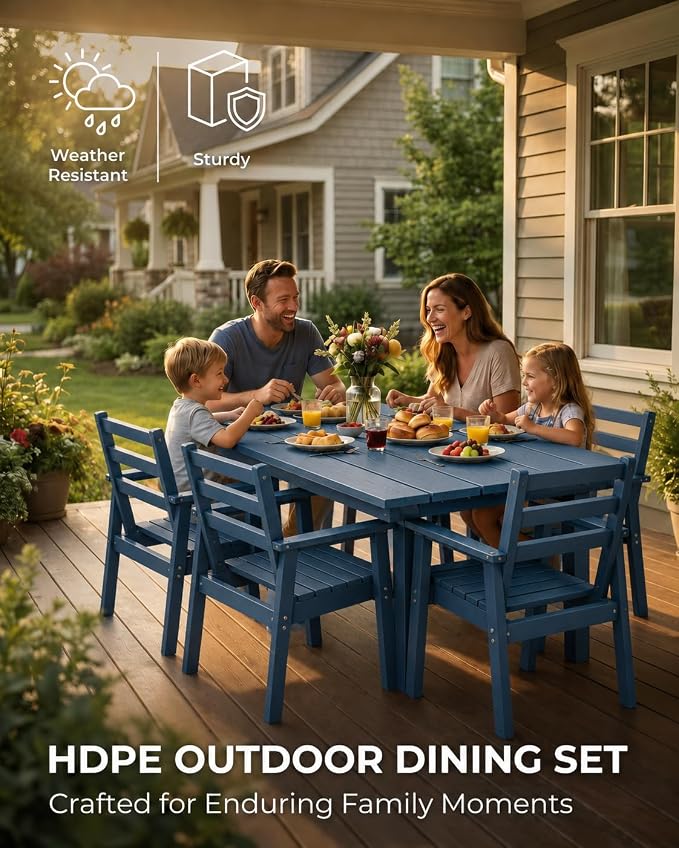 7 Piece HDPE Outdoor Dining Set for 6, Patio Dining Furniture Set with 2” Umbrella Hole, Weather Resistant Outdoor Table and Chairs for Garden, Poolside, Backyard, Deck