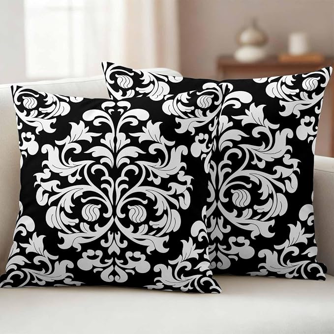 Outdoor Pillow Covers Set of 2, Aesthetic Boho Black White Floral Decorative Throw Pillow Covers 18X18IN, Abstract Minimalist Art Throw Pillows Protector Cushion Case for Patio,Couch,Sofa,Garden