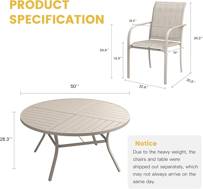 VICLLAX Patio Table and Chair Set of 6, All Weather Metal Round Outdoor Dining Furniture Set-50 Round Outdoor Table and Chairs, Sandshell Tabletop