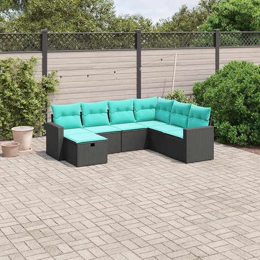 7 Piece Patio Sofa Set with Cushions, Outdoor Dining Sets Porch Furniture Set Patio Conversation Set Sectional Sofa for Exhibition Negotiation Area Poolside Piazza Black Poly Rattan