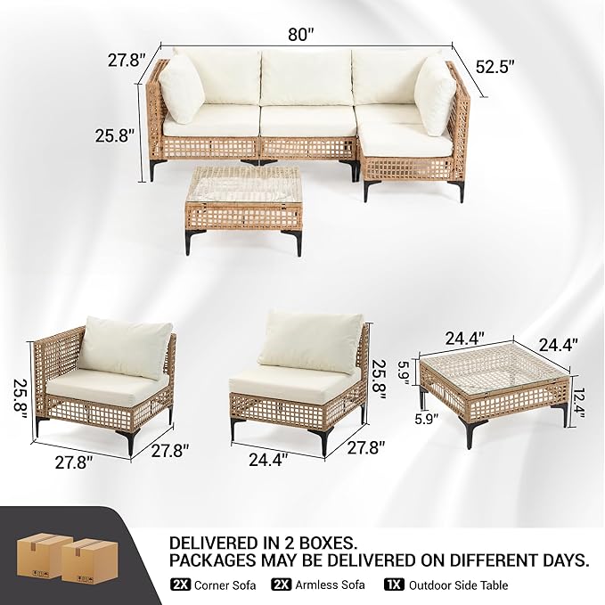 5-Piece Outdoor Wicker Patio Sectional Furniture Set, Beige | 4-Seat, PE rattan, All weather performance, Patio onversation set, for Backyard Porch Poolside Deck,
