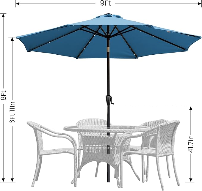 9' Round Patio Umbrella with 32 Solar Powered LED Lights, Push-Button Tilt and Hand Crank Lift, Solar Umbrella in Teal for Porch, Deck, and Patio by Sun-Ray