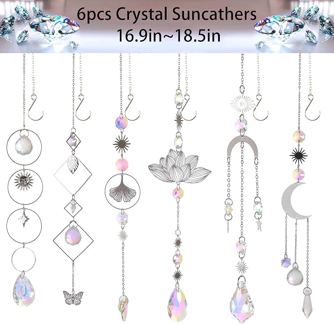 Sun Catchers, 6 Pcs Colorful Suncatchers Decorative Hanging Crystal Prism | Rainbow Maker with Silver Moon Sun Metal Forms Suncatcher Kit for Window Indoor Outdoor Car Mirror Decor Xmas Gift