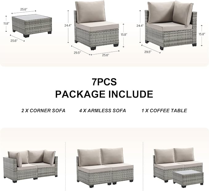 CANMOV 7 Pieces Patio Furniture Sets, All Weather Outdoor Patio Conversation Set, PE Wicker Rattan Sectional Sofa Couch Glass Coffee Table Washable Cushions for Backyard Garden, Poolside, Khaki