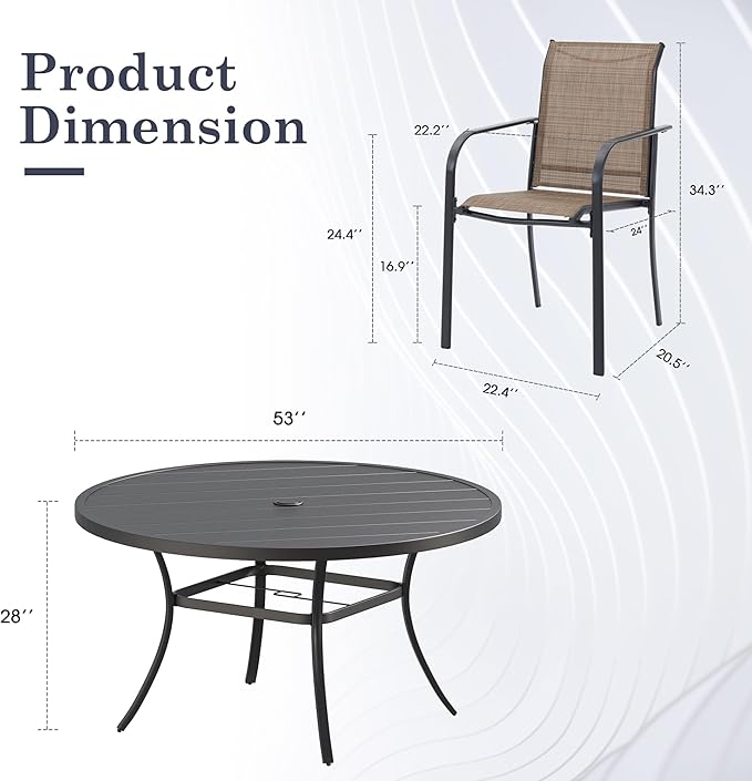 Patio Table and Chairs Set for 8, Outdoor Dining Set with 8 Stackable Dining Chairs and 53" x 53" Metal Slatted Round Dining Table for Porch, Deck, Lawn, Garden, Brown & Black