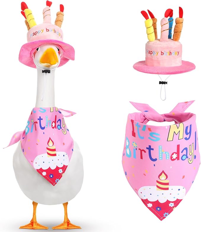 Dansydaisy Happy Birthday Goose Outfit Porch Goose Outfits with Happy Birthday Cake Hat and Bandana Yard Geese Outfits for 23" 17" Cement Plastic Geese Duck Decorations(Style 1,Pink)